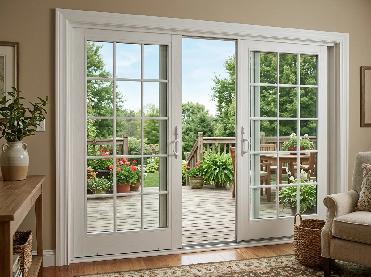 A two-panel sliding patio door with wide wood-look stiles and colonial grilles, built to look like a hinged French pair, one panel slid open
