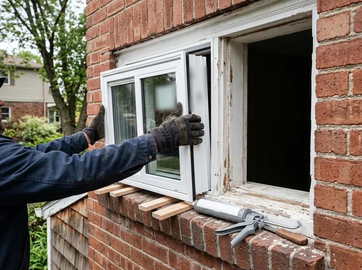 Gloved hands setting a white vinyl insert replacement window into an old painted wood window frame on a brick wall, with shims and a caulk gun on the sill