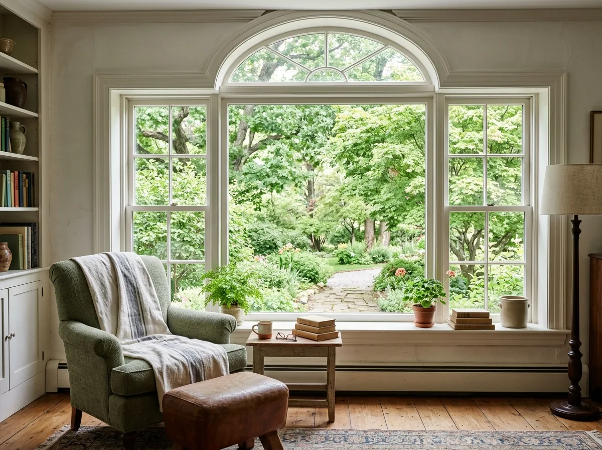 A living room with a large fixed picture window topped by a half-round arched transom, a green armchair beside it and trees outside