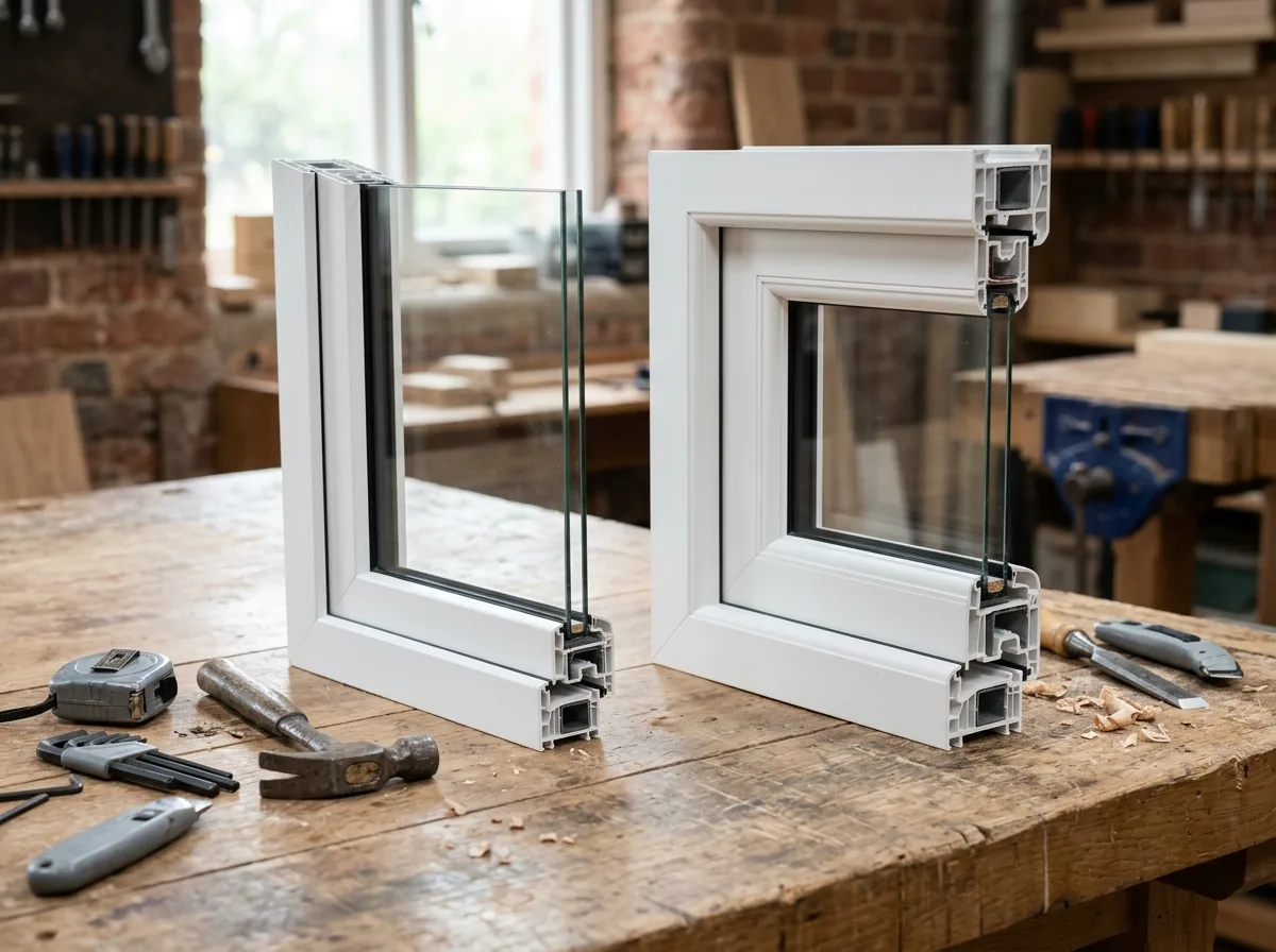 Corner sample of a direct-set fixed window frame beside a sash-set fixed window frame on a workbench, showing the difference in frame width