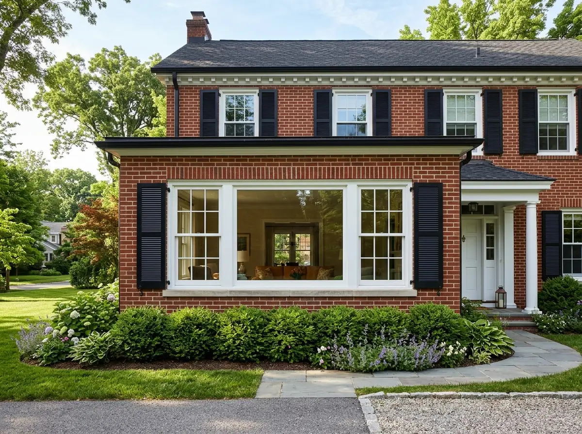 A center picture window flanked by two narrower double-hung windows in matching white frames on a two-story brick colonial