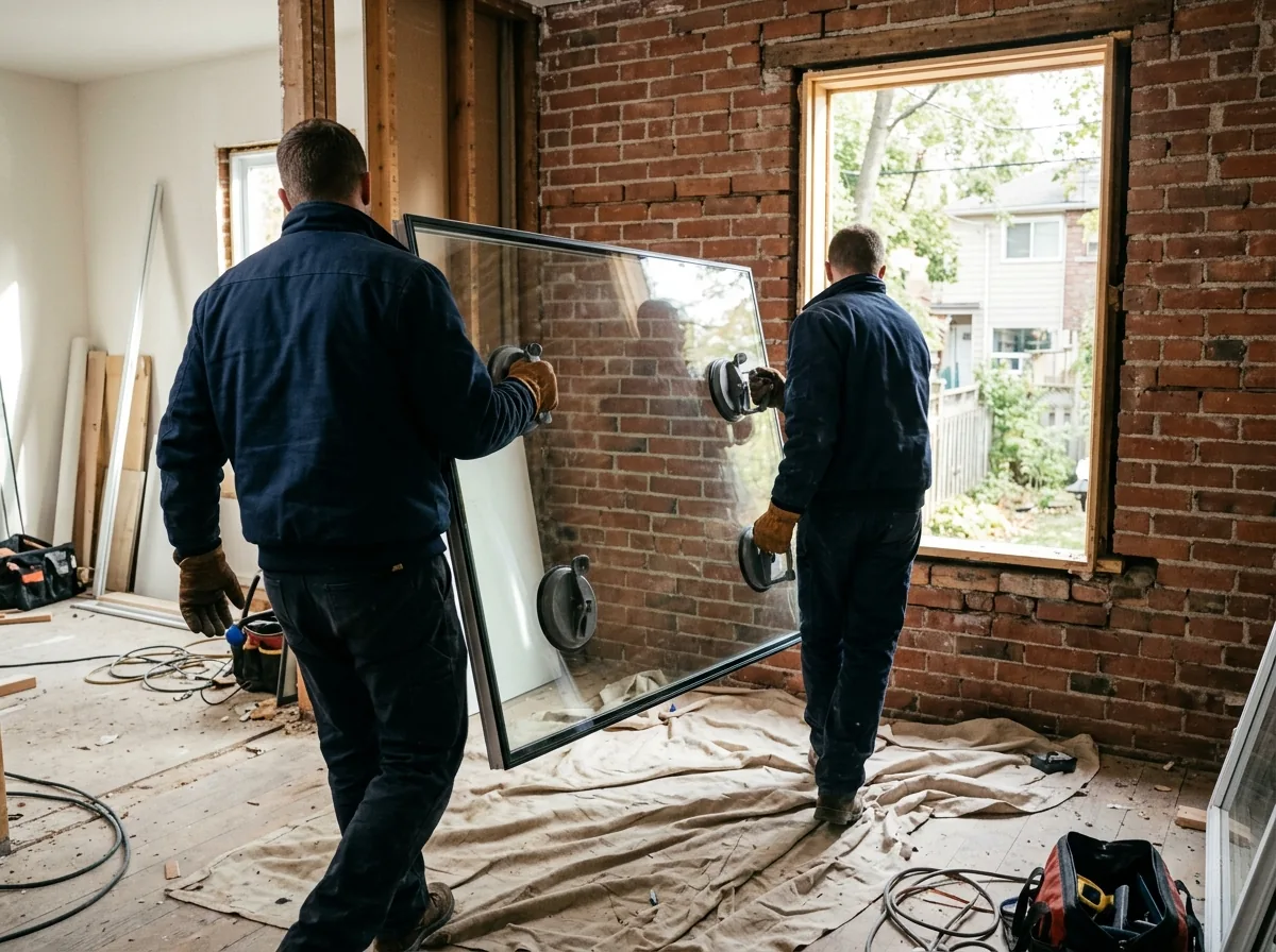 Two workers in gloves using suction-cup lifters to carry a large pane of insulated glass toward an open window frame