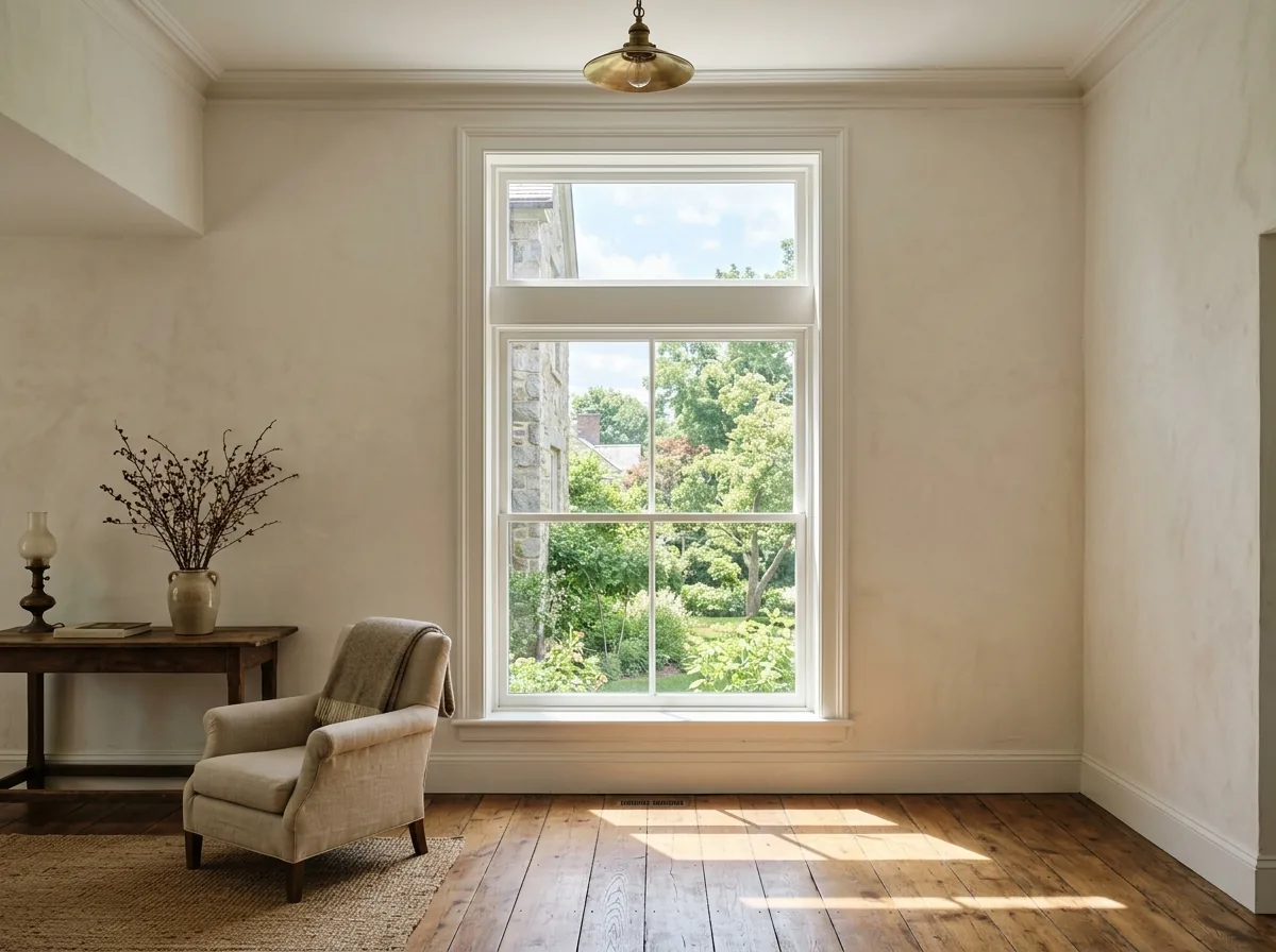 A tall picture window with a separate rectangular transom window above it, both in white frames, in a living room with high ceilings