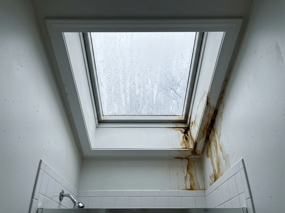 Water droplets beading on the inside of a skylight above a bathroom, with a brown water stain on the white drywall of the light shaft below