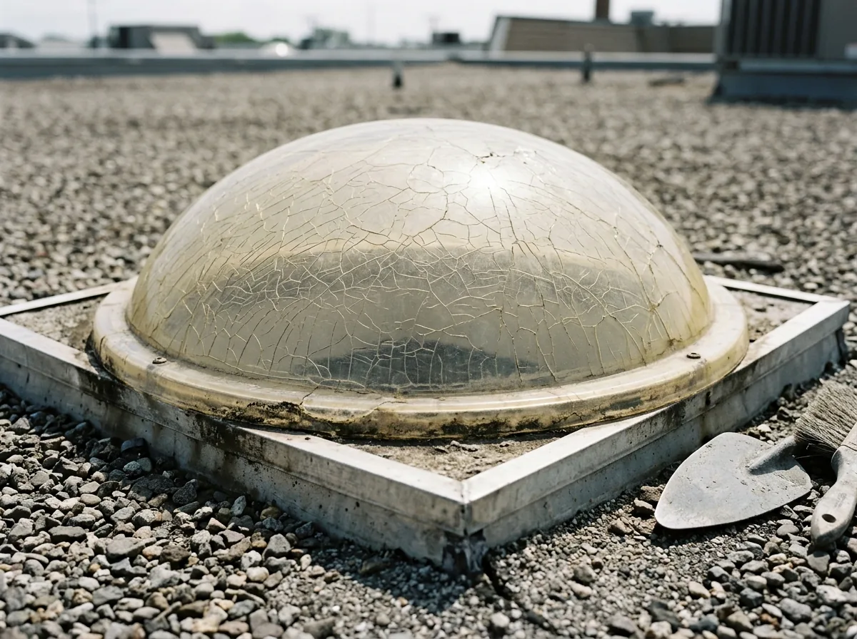 An old clear plastic bubble skylight dome on a low-slope roof, its surface covered in fine hairline crazing and a yellowed cast