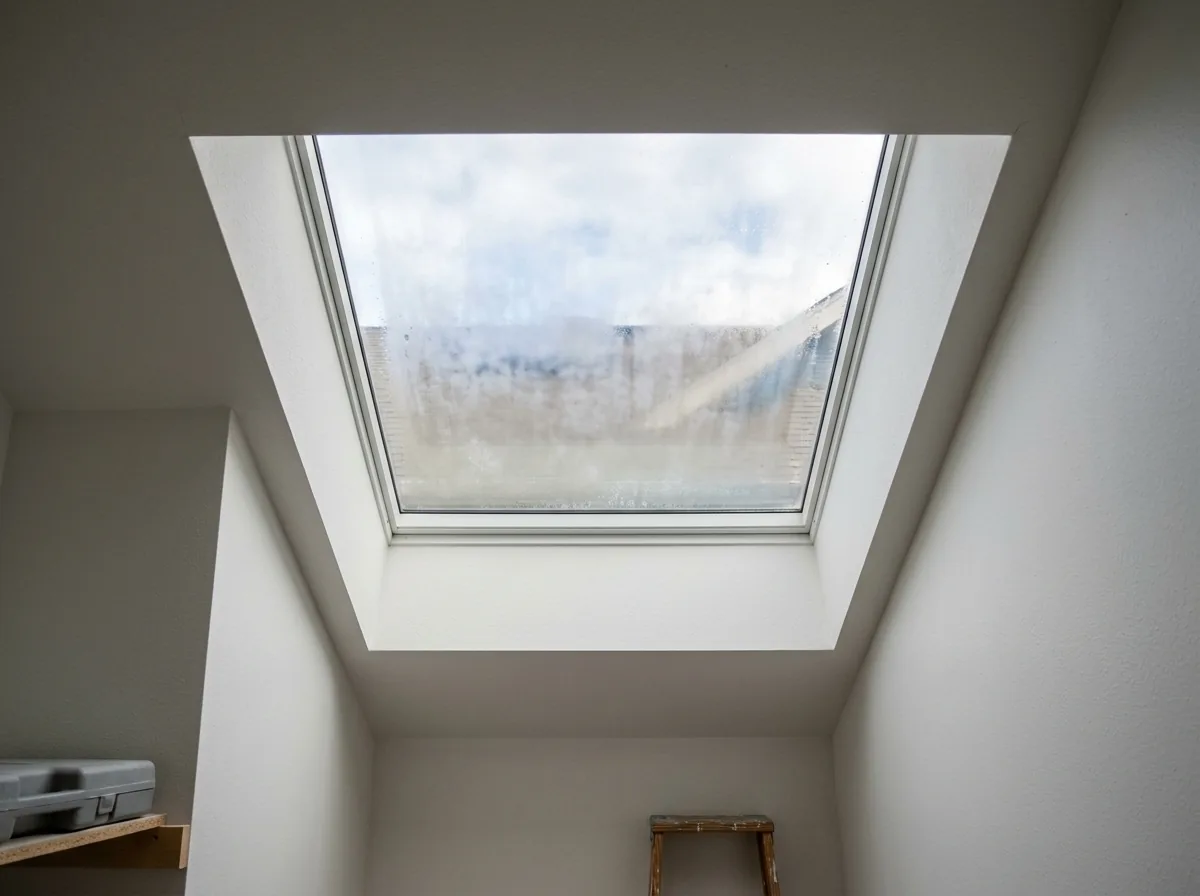Looking up from a hallway at a glass skylight whose double-pane glass is clouded with a milky haze between the panes