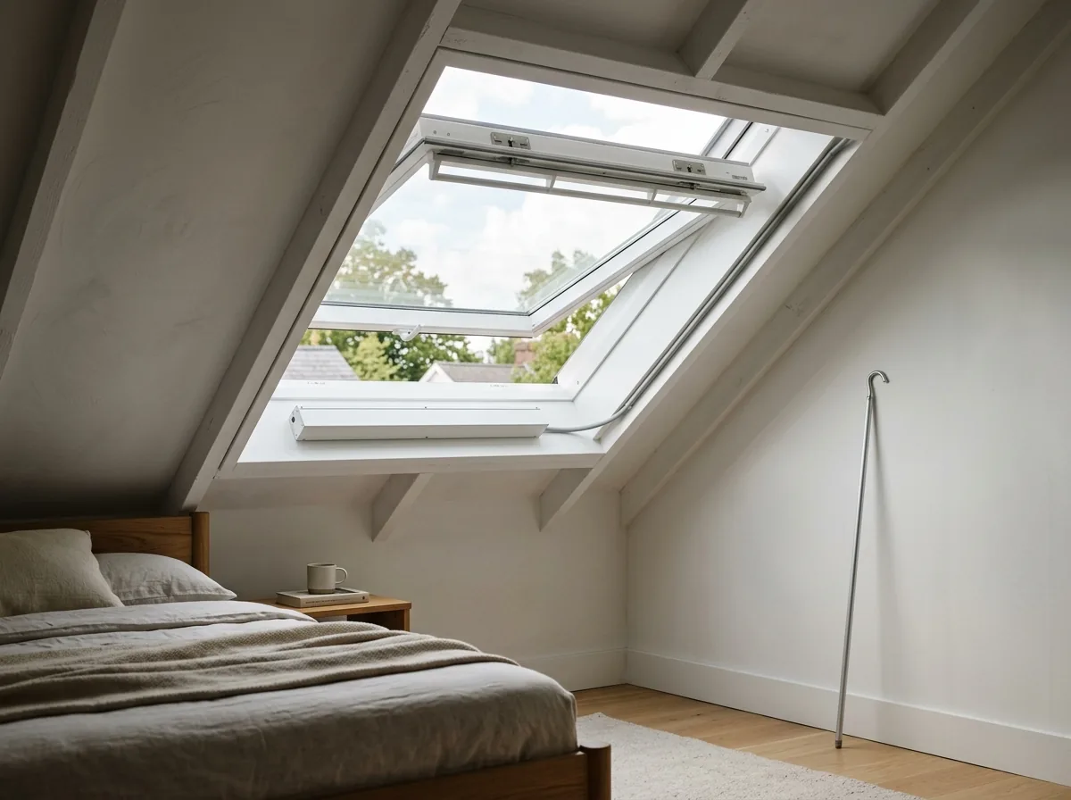 A white electric venting skylight on a sloped bedroom ceiling, open a few inches, with its small motor housing visible along the bottom edge