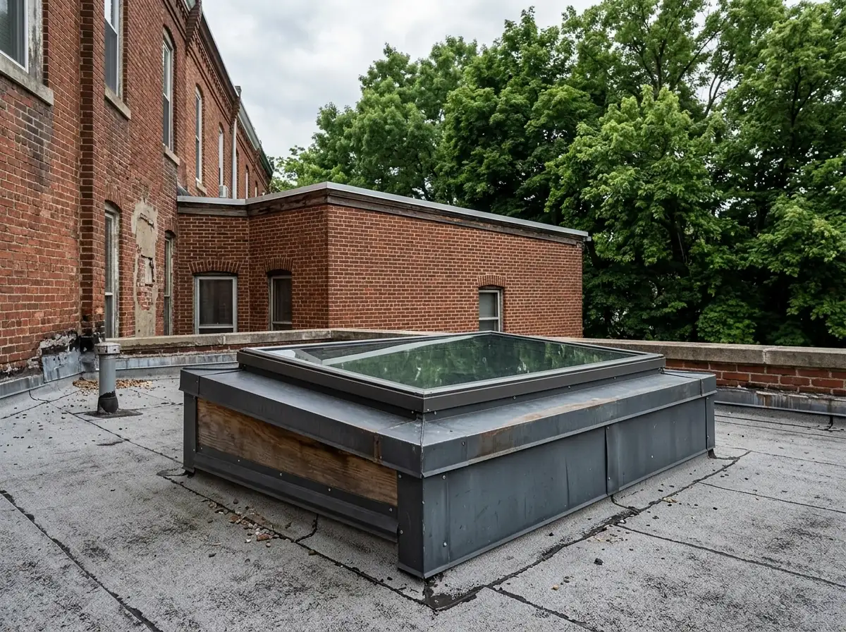 Curb-mounted skylight on a raised wood box with metal flashing on a low-slope roof over a rear addition