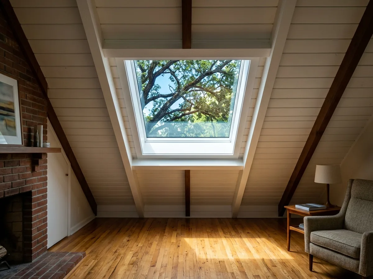 Fixed rectangular skylight set into the sloped ceiling of a vaulted living room, white painted shaft, sky and branches visible