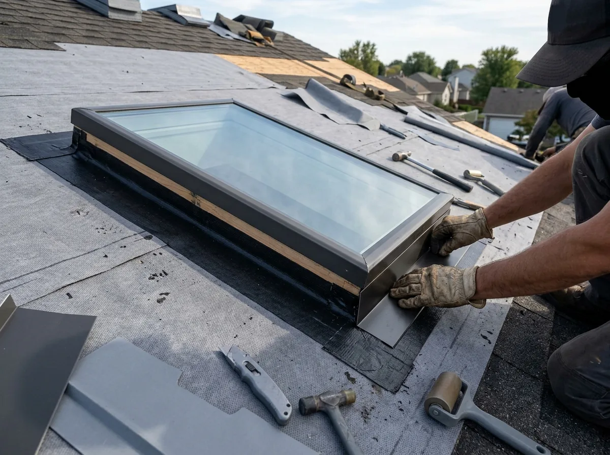 Roofer's gloved hands fitting new step flashing around a replacement skylight on a partly stripped asphalt-shingle roof
