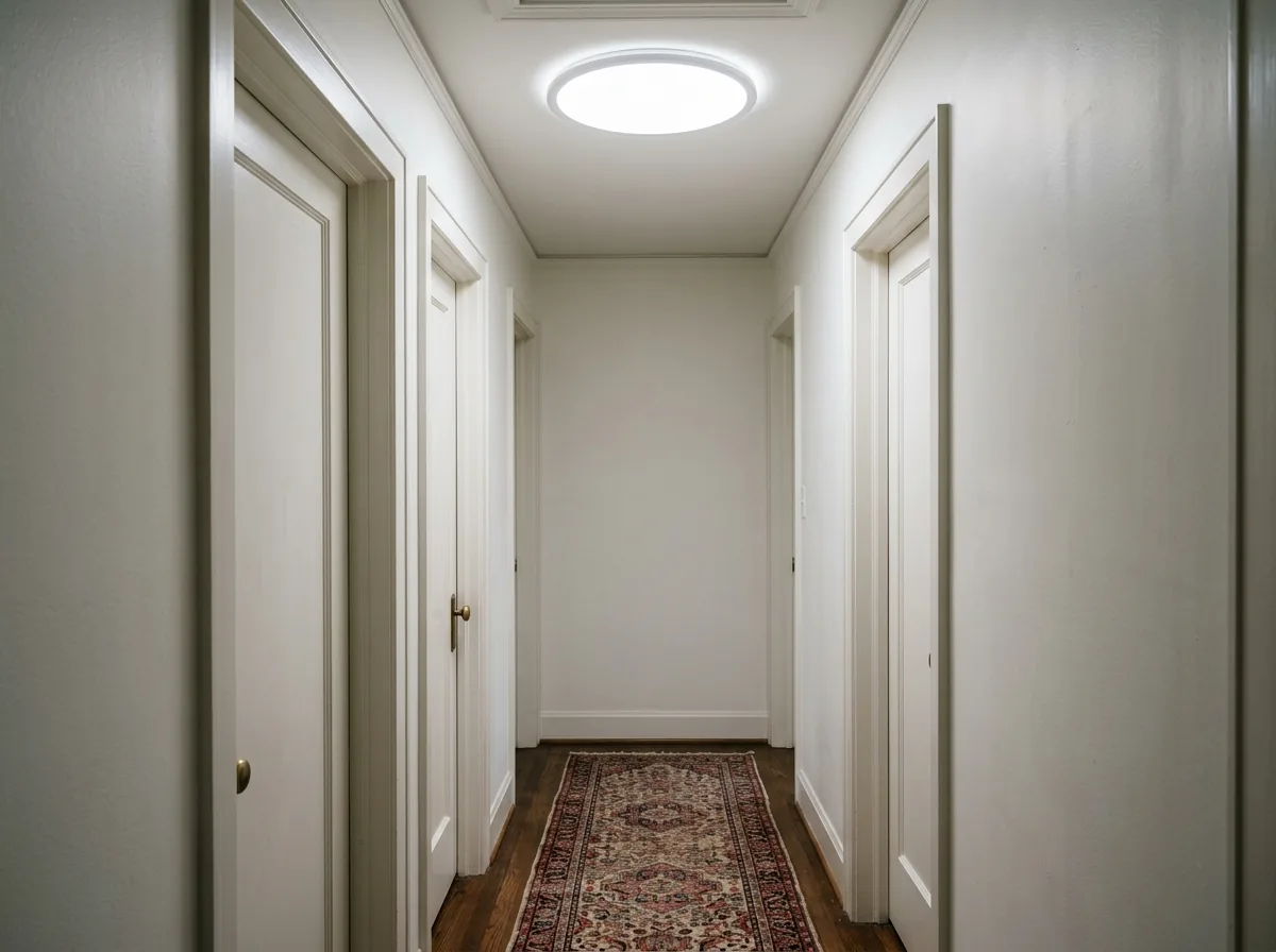 Round tubular skylight diffuser glowing in the ceiling of a windowless upstairs hallway