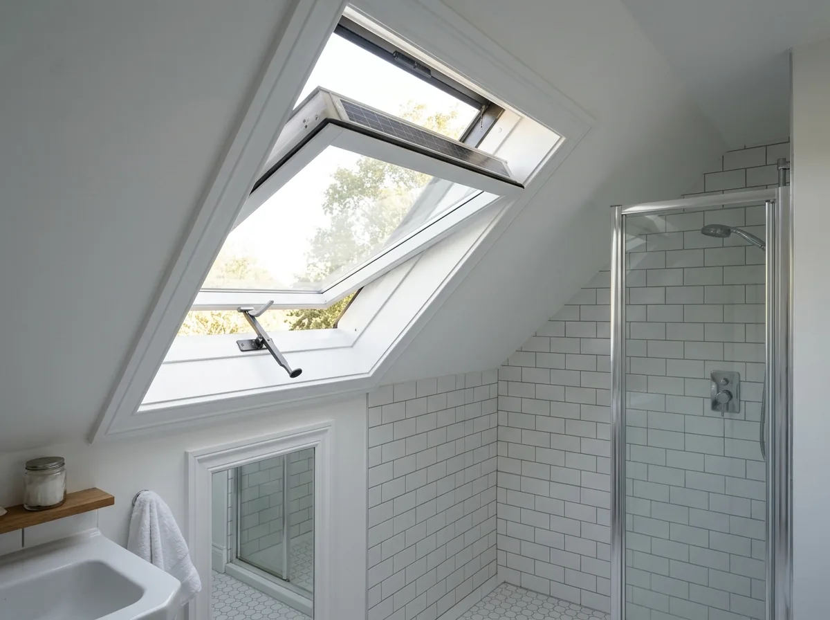 Venting skylight tilted open in a sloped bathroom ceiling above a tiled shower