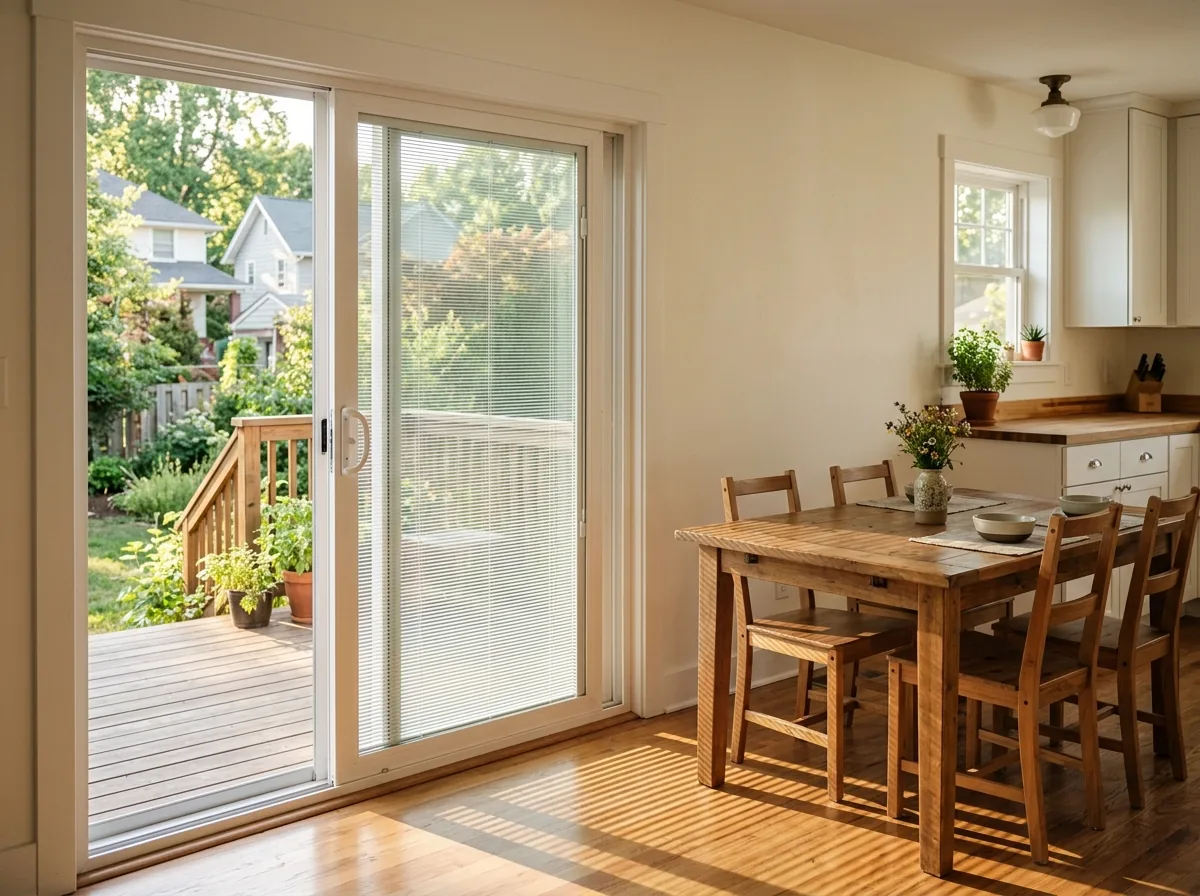 Sliding glass door with slim blinds sealed between the panes, half lowered, beside a kitchen table