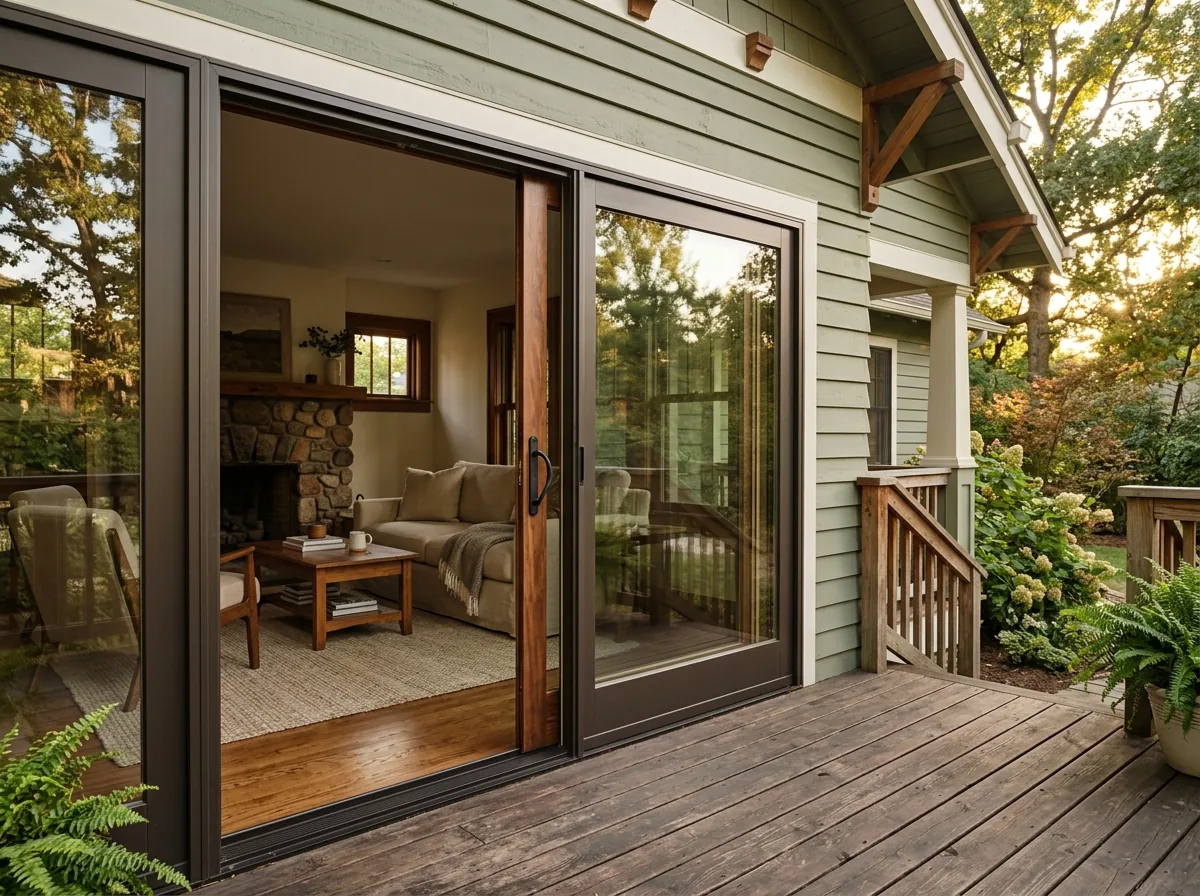 Clad-wood sliding patio door with a dark exterior frame and a stained wood interior, opening onto a wooden deck