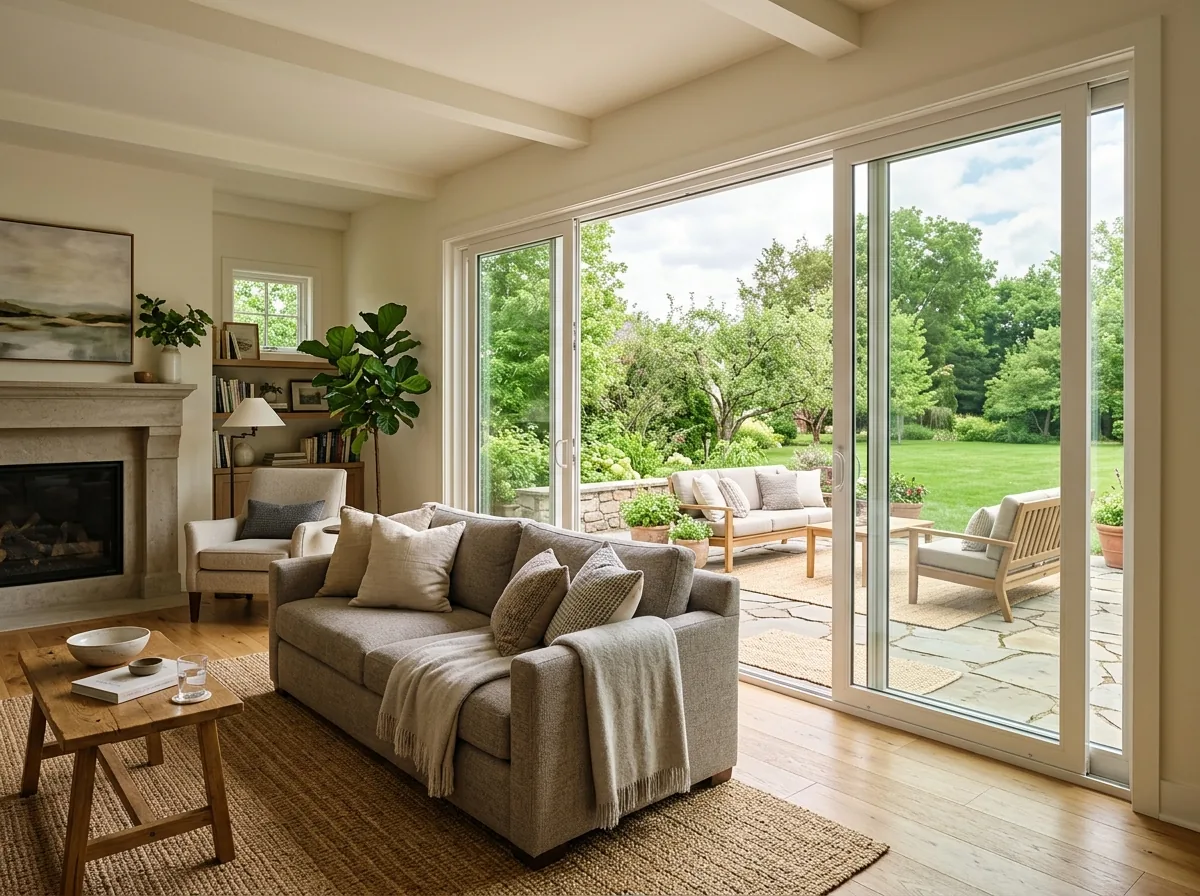 Four-panel stacking sliding glass door with three panels stacked to one side, opening a wide family room onto a patio