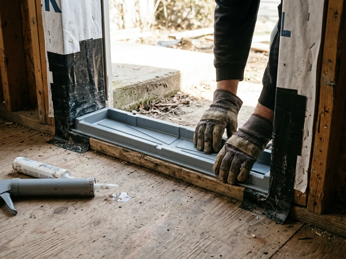 Installer's gloved hands setting a molded plastic sill pan in a door opening before a new sliding door goes in