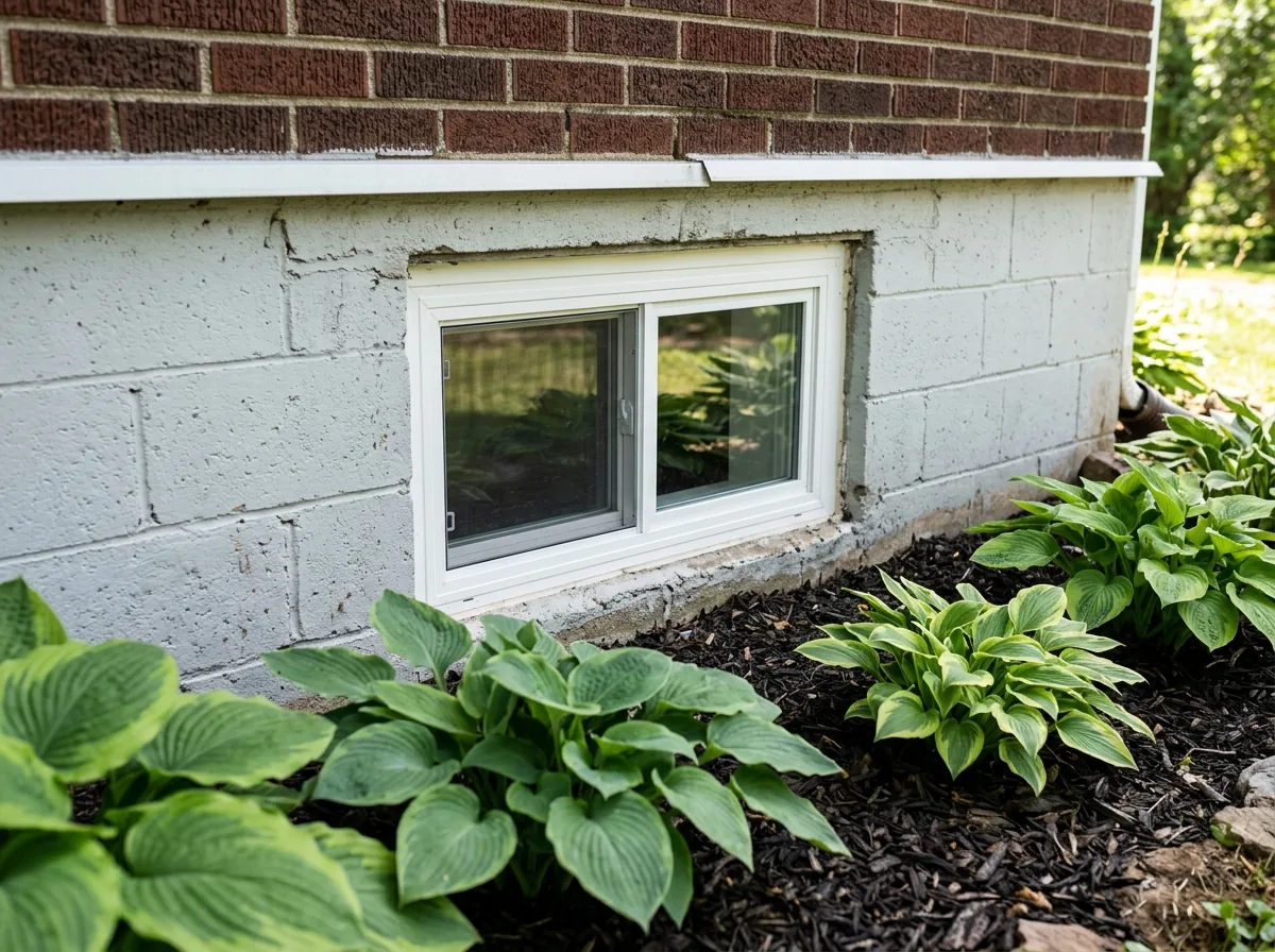 A short white sliding window set in a block foundation wall just above the soil line, with a mulched flower bed in front