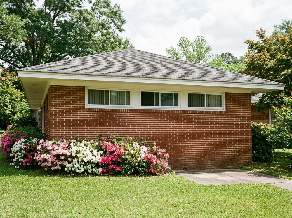 A single-story brick ranch house seen from the yard with a row of white horizontal sliding windows set high under the eave