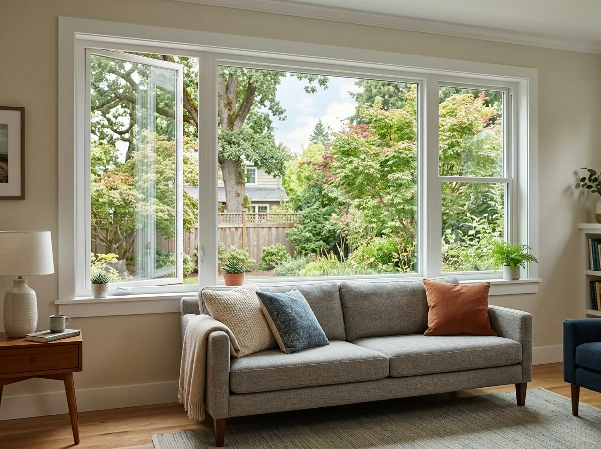 A wide three-lite end-vent sliding window with a large fixed center pane and two narrow sashes, one slid open, in a living room