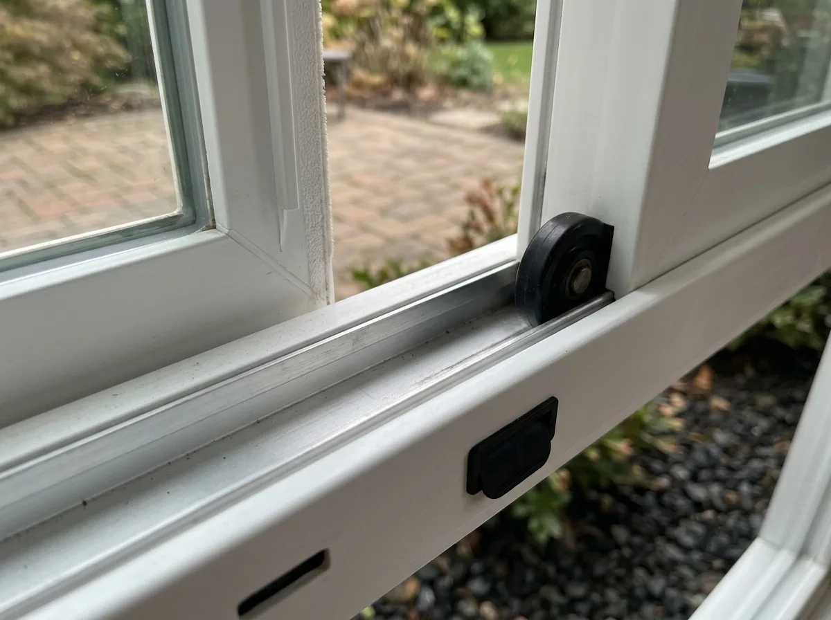 Close-up of the bottom track of a white vinyl sliding window showing the sash roller, the track channel and a small weep slot