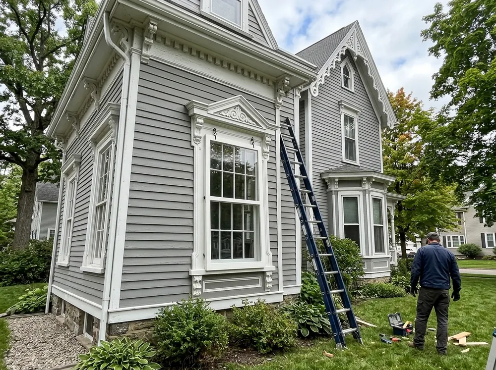 A white-painted wood storm sash with a single large pane, hung on the outside of a tall window on a Victorian wood-frame house