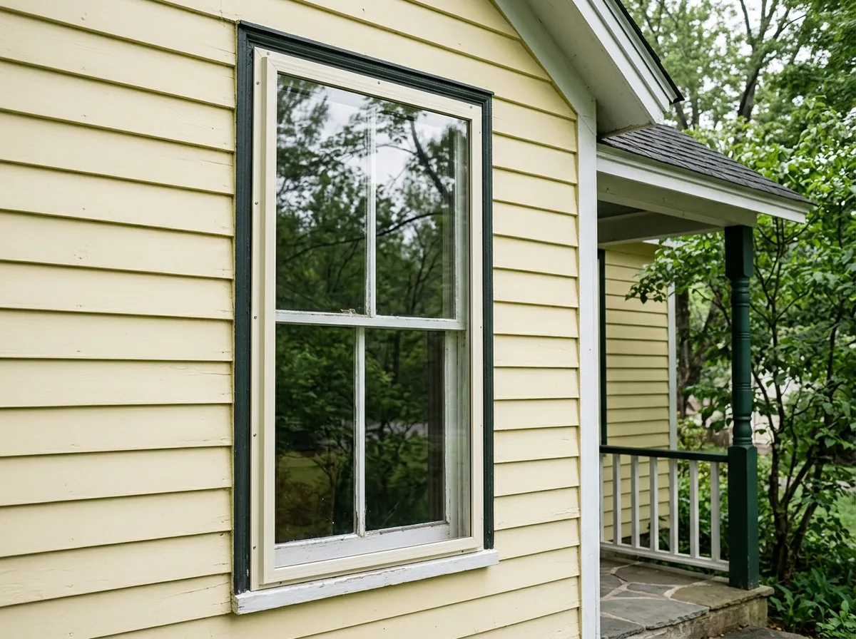 A slim fixed-panel exterior storm window with a narrow white frame over a tall wood window on a wood-sided cottage