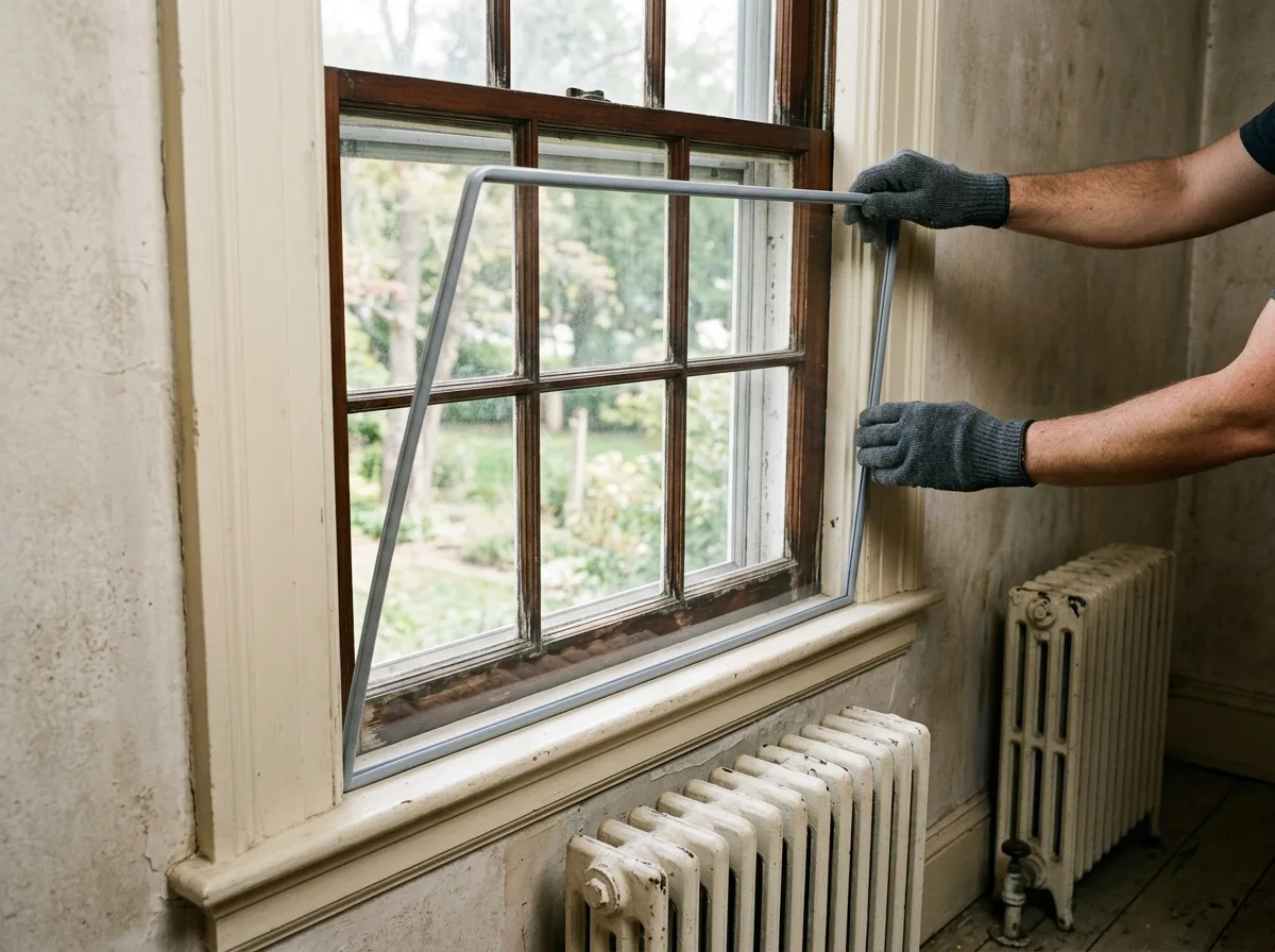 An acrylic interior storm panel with a slim gray gasket edge being pressed into the casing of an old wood window from inside a room