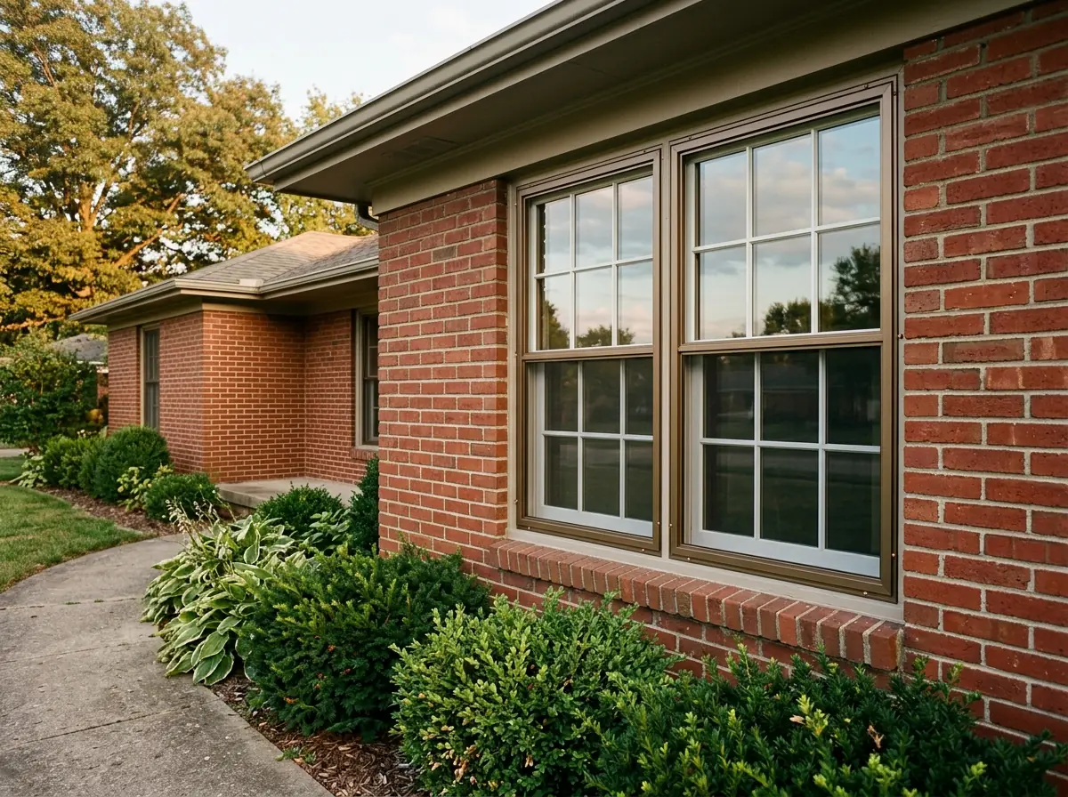 A low-E coated glass exterior storm panel catching a faint reflection, mounted over a wood window on a 1950s brick ranch house