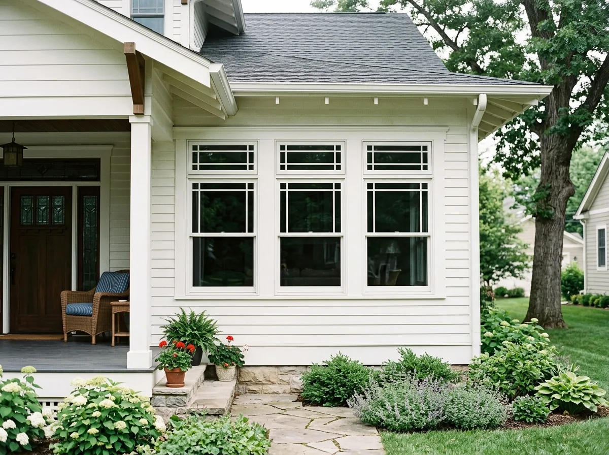 A row of three double-hung windows each topped by a matching fixed rectangular transom, on a white-painted wood-sided Craftsman bungalow