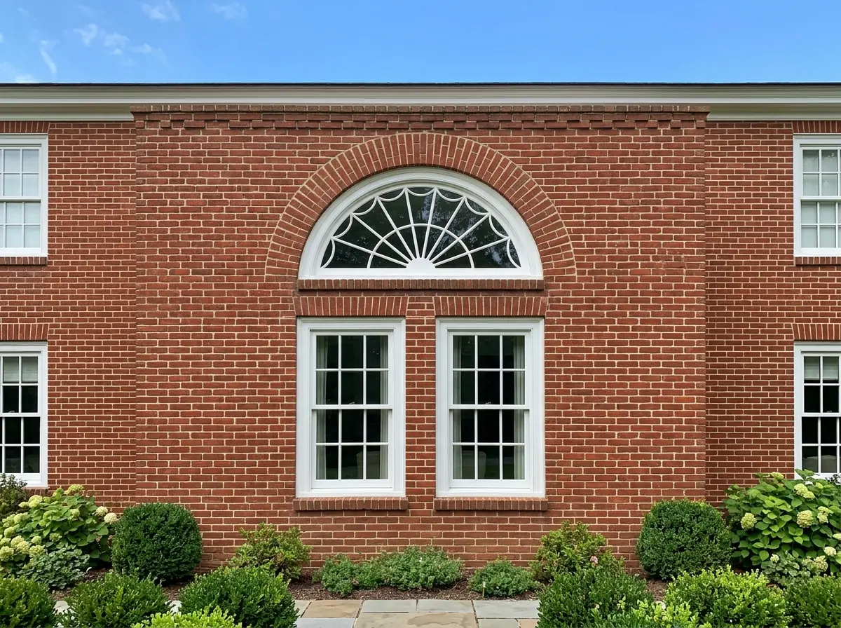 A white half-round arch-top window with sunburst grilles mounted above a pair of double-hung windows on a brick colonial facade