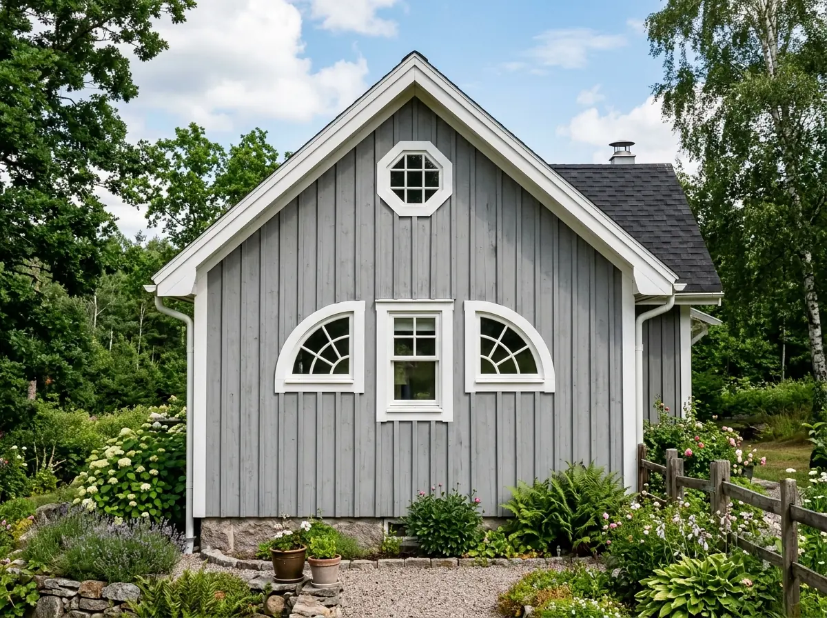 A small octagon window with white trim set in the gable of a gray-painted wood-sided cottage, beside a pair of quarter-round windows