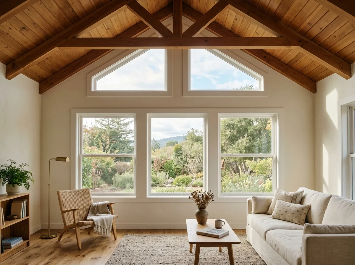 Two trapezoid windows following the roof pitch above a row of rectangular windows on a gable end with high vaulted ceilings