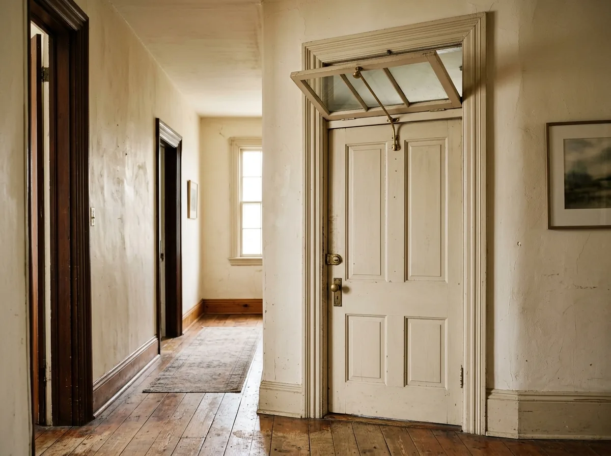 A rectangular transom window over an interior hallway door, hinged at the top and tilted open, with a small brass operator