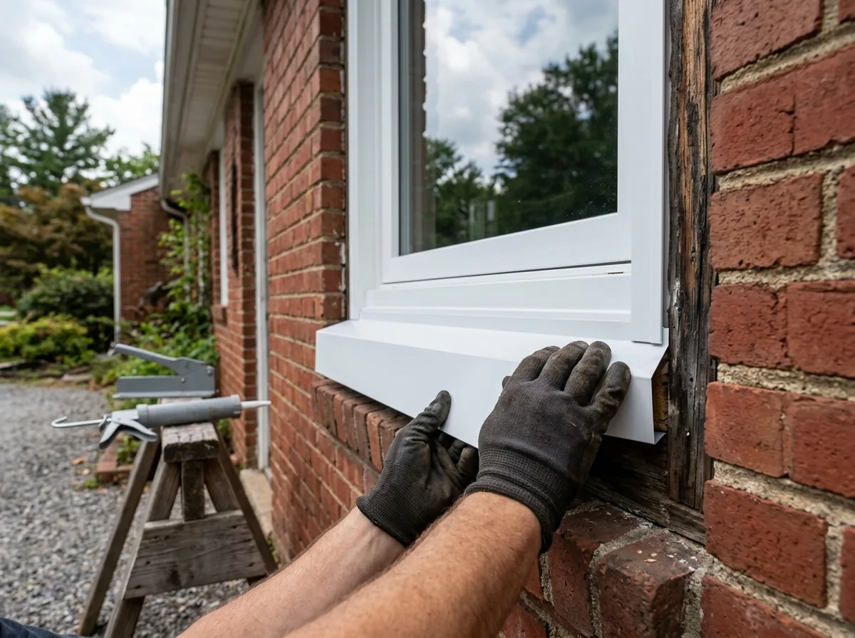 Gloved hands fitting bent white aluminum capping over the old wood trim around a new vinyl insert window in a red brick wall