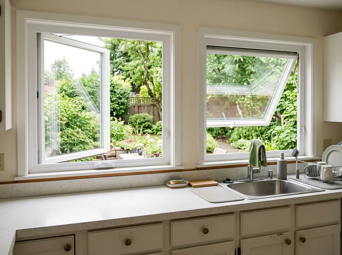 A white vinyl casement window cranked open beside a top-hinged vinyl awning window over a kitchen counter