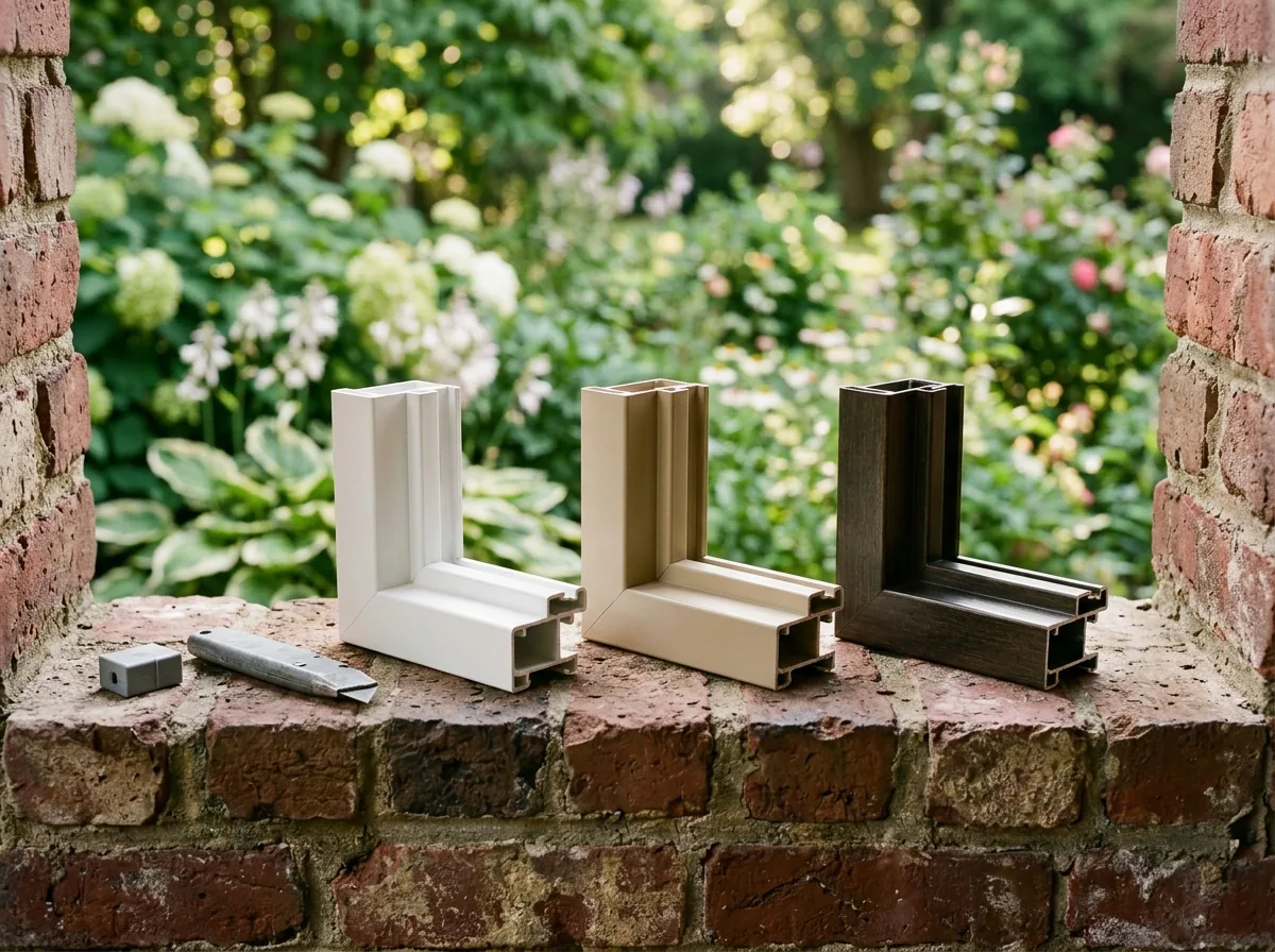 Three vinyl window corner samples in white, tan and dark bronze laid side by side on a brick windowsill