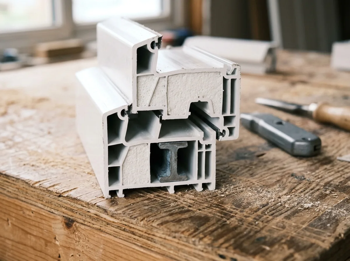 Cut end of a vinyl window frame showing hollow chambers, some filled with white insulating foam and one holding a metal stiffener bar