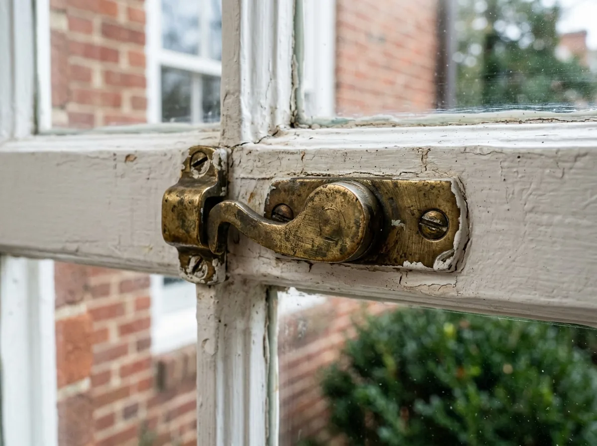 A brass cam sash lock on the meeting rail of a white-painted double-hung window, partly turned