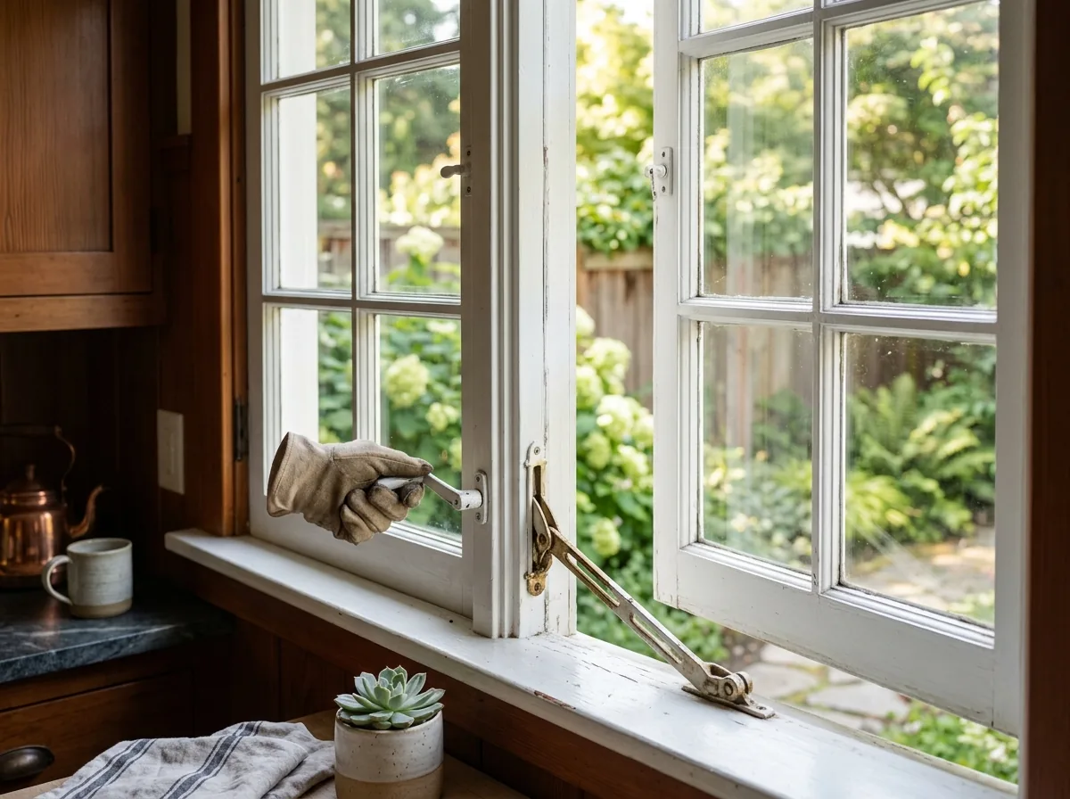 A casement window open a few inches with its interior crank handle and hinged operator arm visible on the sill