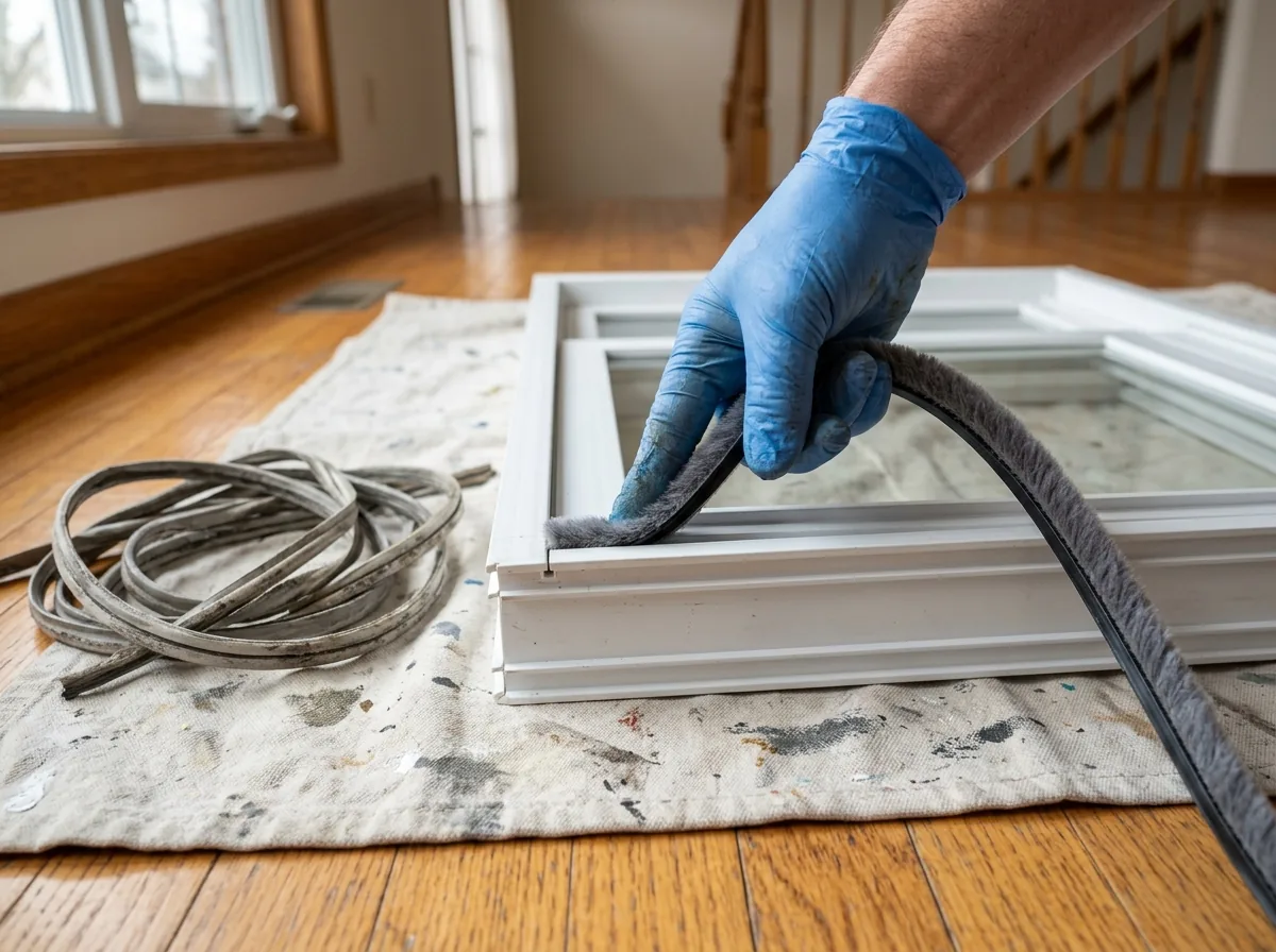 A hand running a strip of new pile weatherstripping into the track of a vinyl sliding window
