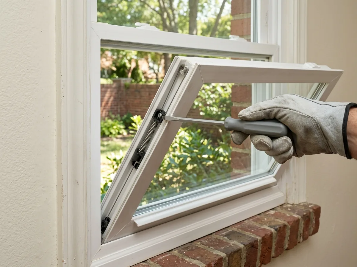 Close view of a vinyl double-hung window jamb with the lower sash tilted in and a spiral balance tube exposed