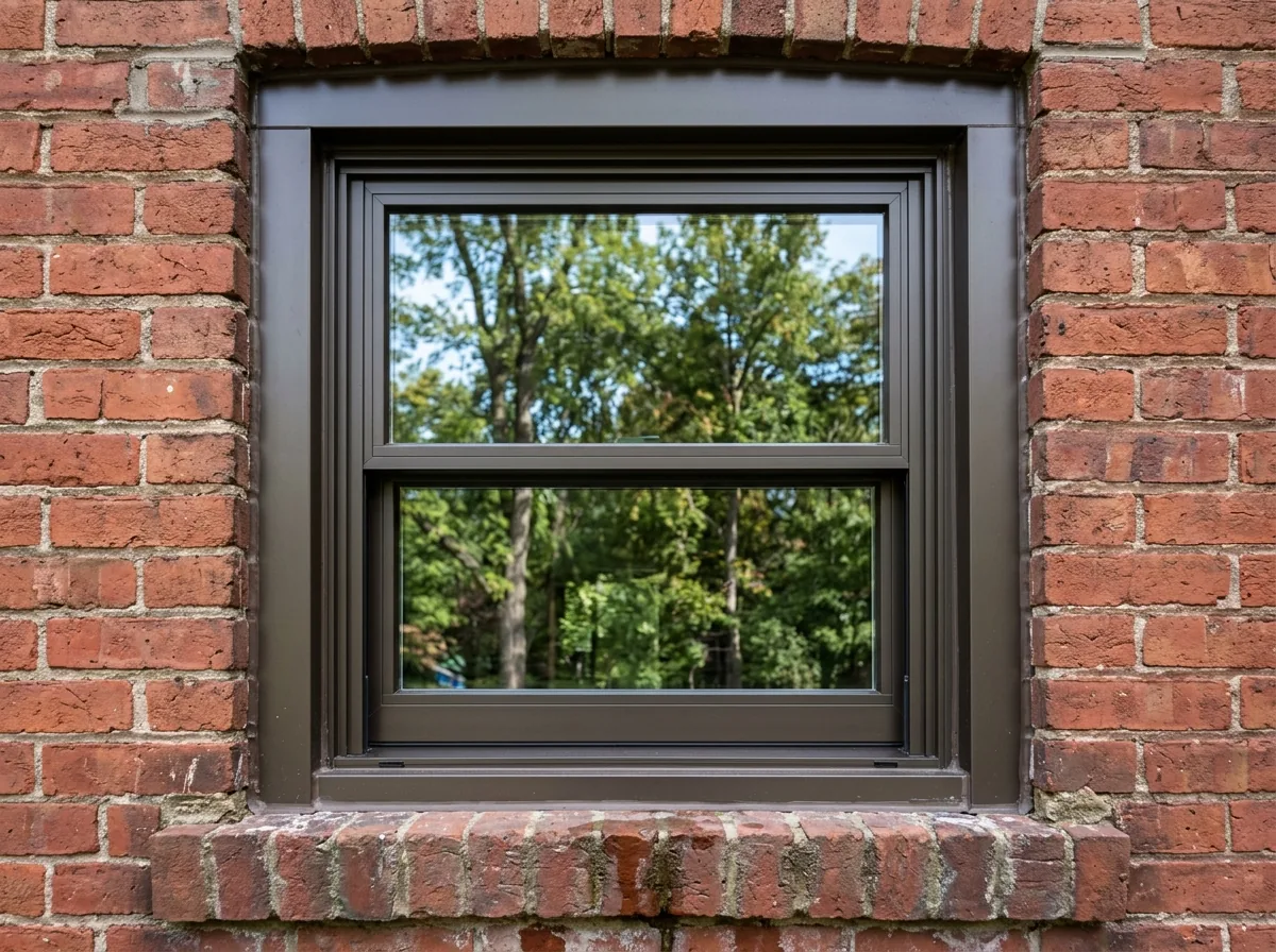 The exterior face of a new double-hung sash with a dark bronze aluminum cladding, set into an older painted wood frame on a brick house