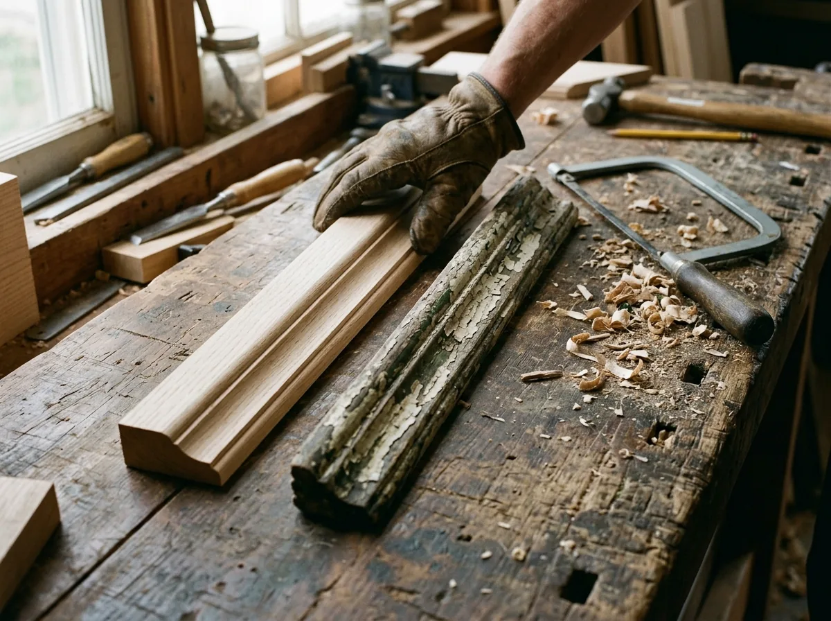 A carpenter's gloved hand holding a short length of new molded wood window stop against an old stop to compare their profiles