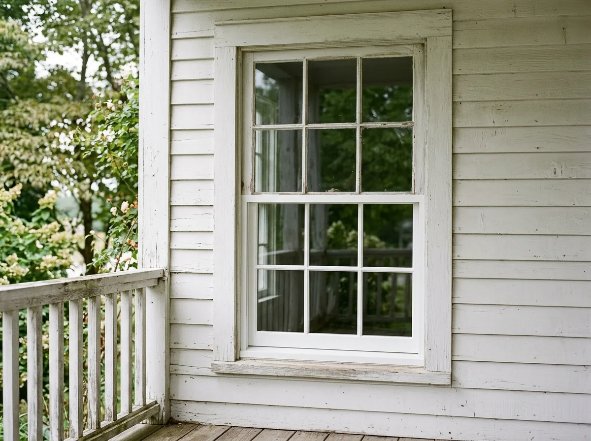 An old wood double-hung window with a new lower sash installed beneath the original upper sash, both painted white