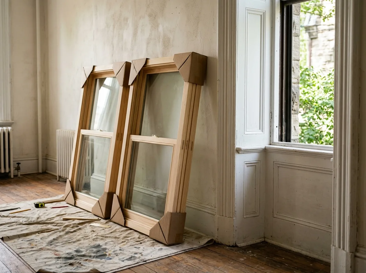 Two new unpainted wood sashes with insulated glass leaning against a wall next to an old window opening, still in their protective corners