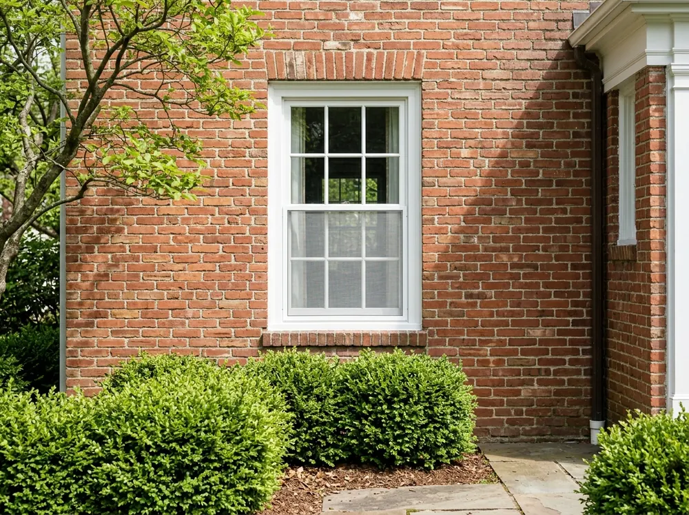 A bright aluminum wire mesh window screen in a white frame fitted over the lower sash of a painted wood double-hung window on a brick house