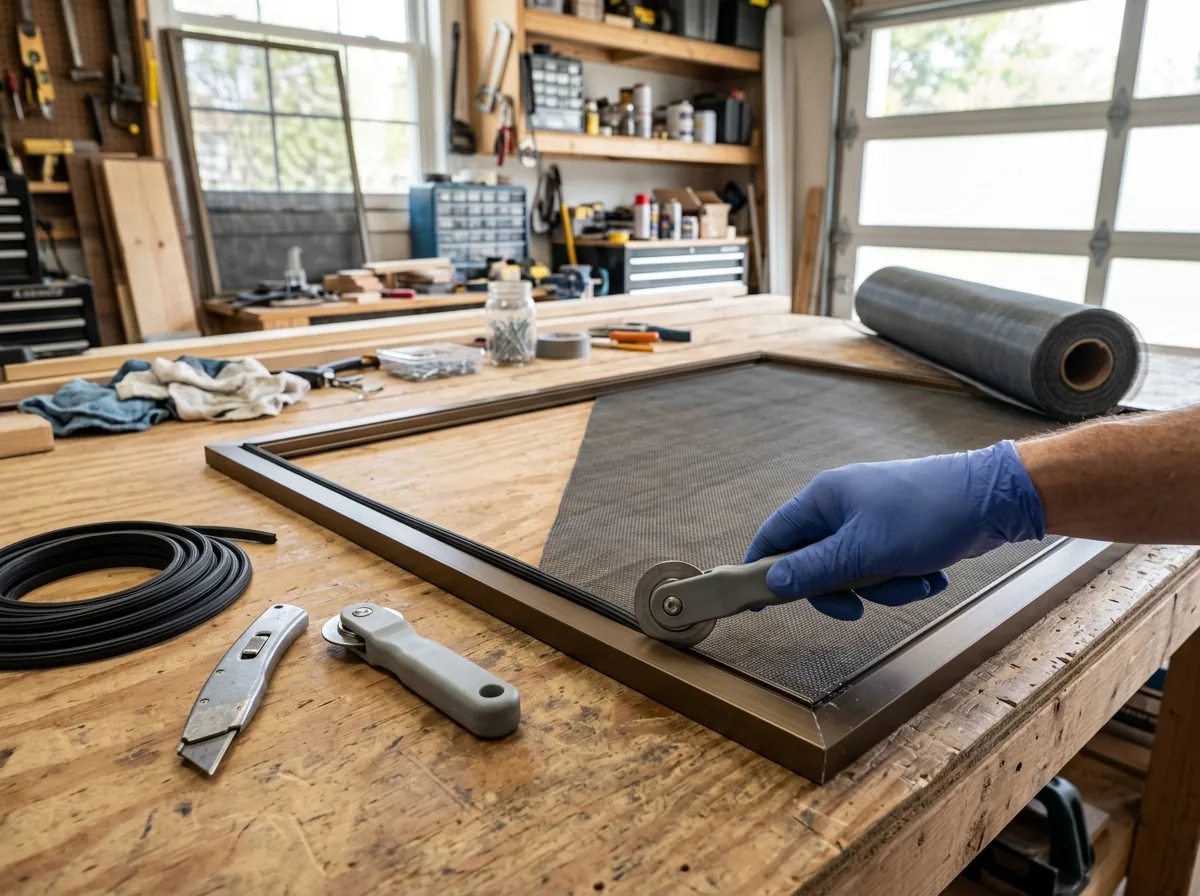 A charcoal fiberglass window screen being rolled into an aluminum frame on a workbench, a spline roller pressing the rubber spline into the channel