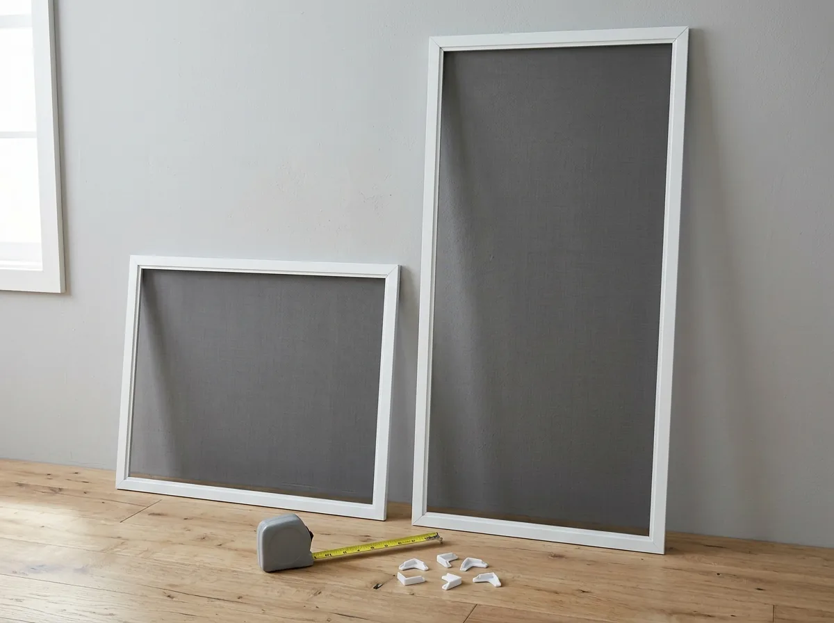 Two new white window screen frames leaning against a wall, one a half screen and one a full-height screen, with a tape measure and corner keys on the floor