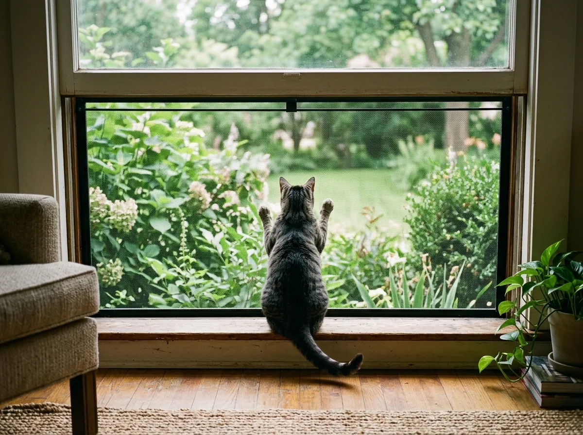 A gray tabby cat's paws pressed against a heavy pet-resistant window screen on a low living room window, the thick vinyl-coated mesh visible up close