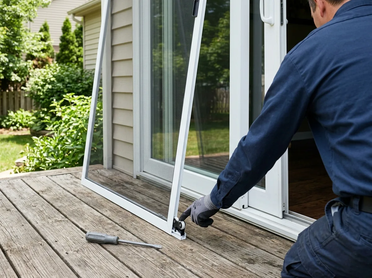 A gloved hand fitting a new nylon roller wheel into the bottom rail of a sliding screen door lifted off its track beside a patio slider